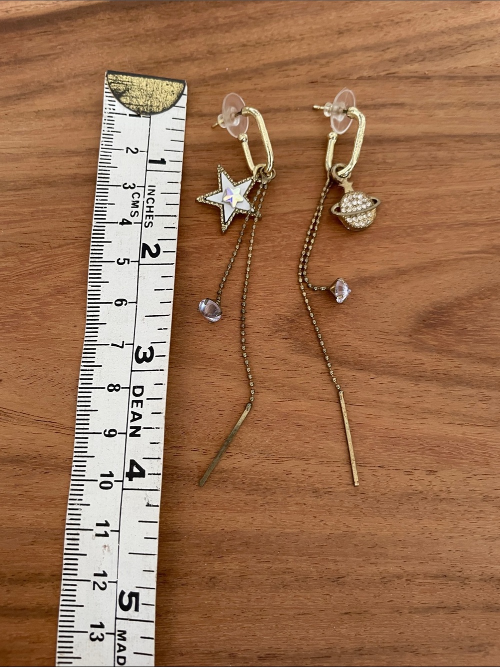 Gold Star & Planet Drop Earrings with Iridescent Accents - Picture 2 of 3